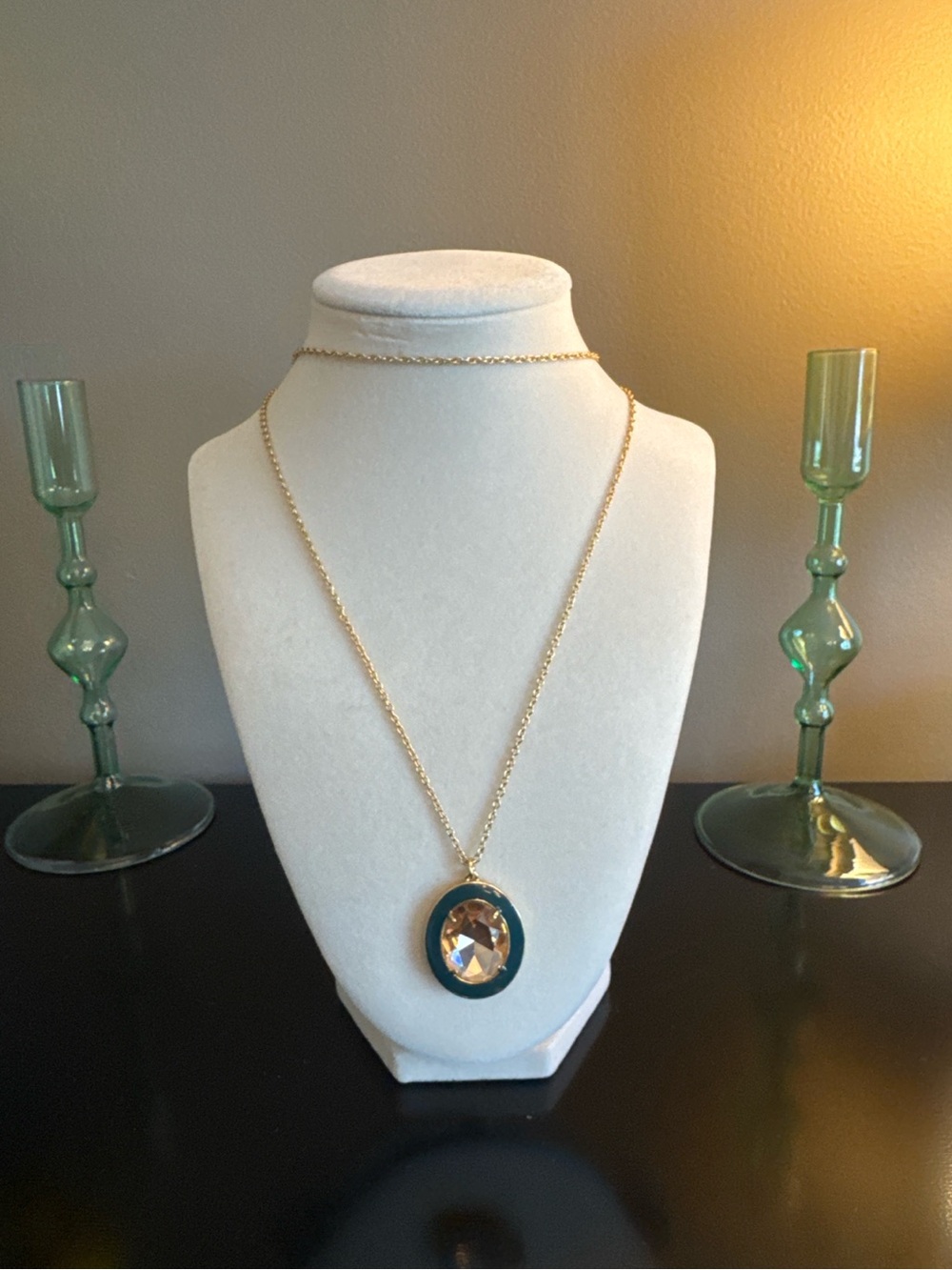 J.Crew Teal Enamel & Faceted Crystal Pendant Necklace Gold Tone
